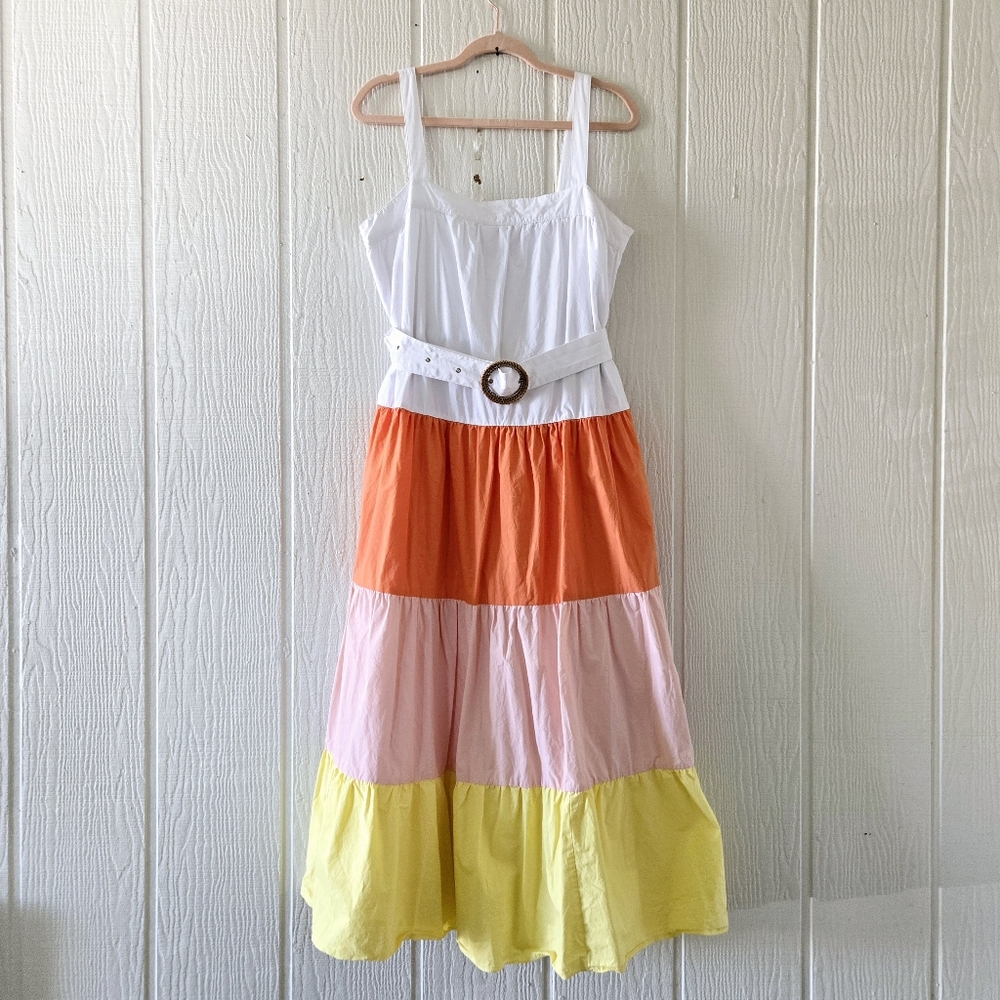 Endless Rose White Top Colorblock Maxi Dress with Orange, Pink & Yellow Tiers